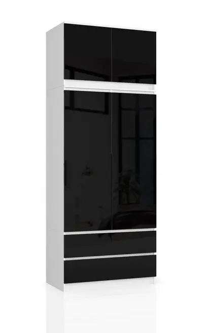 Šatní skříň s nástavbou S90 2D2SZ bílá/černý lesk