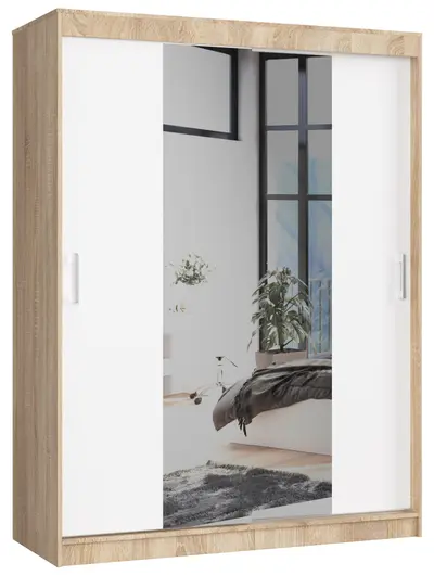 Šatní skříň posuvná se zrcadlem 150 cm dub sonoma/bílá