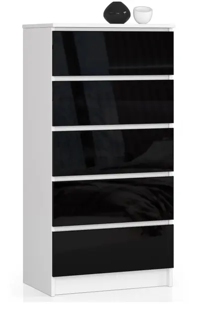 Komoda K60 5SZ bílá/černý lesk